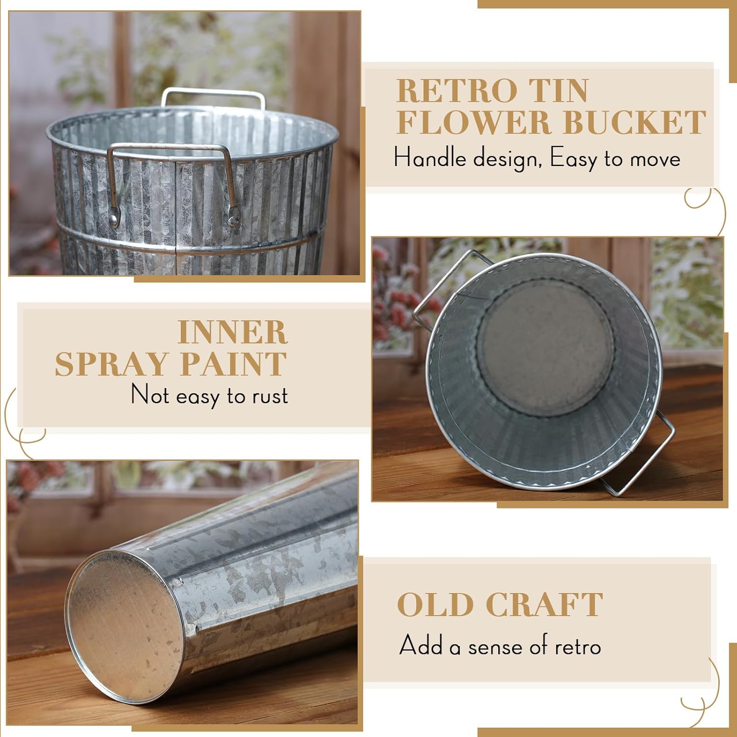 Layhit 6 Pcs 12 Inch Galvanized Flower Buckets Metal Flower Vases with Handle Farmhouse French Bucket Planter Floral Container for Flowers Wedding Bridal Shower Home Table Decor(Retro Steel Color)