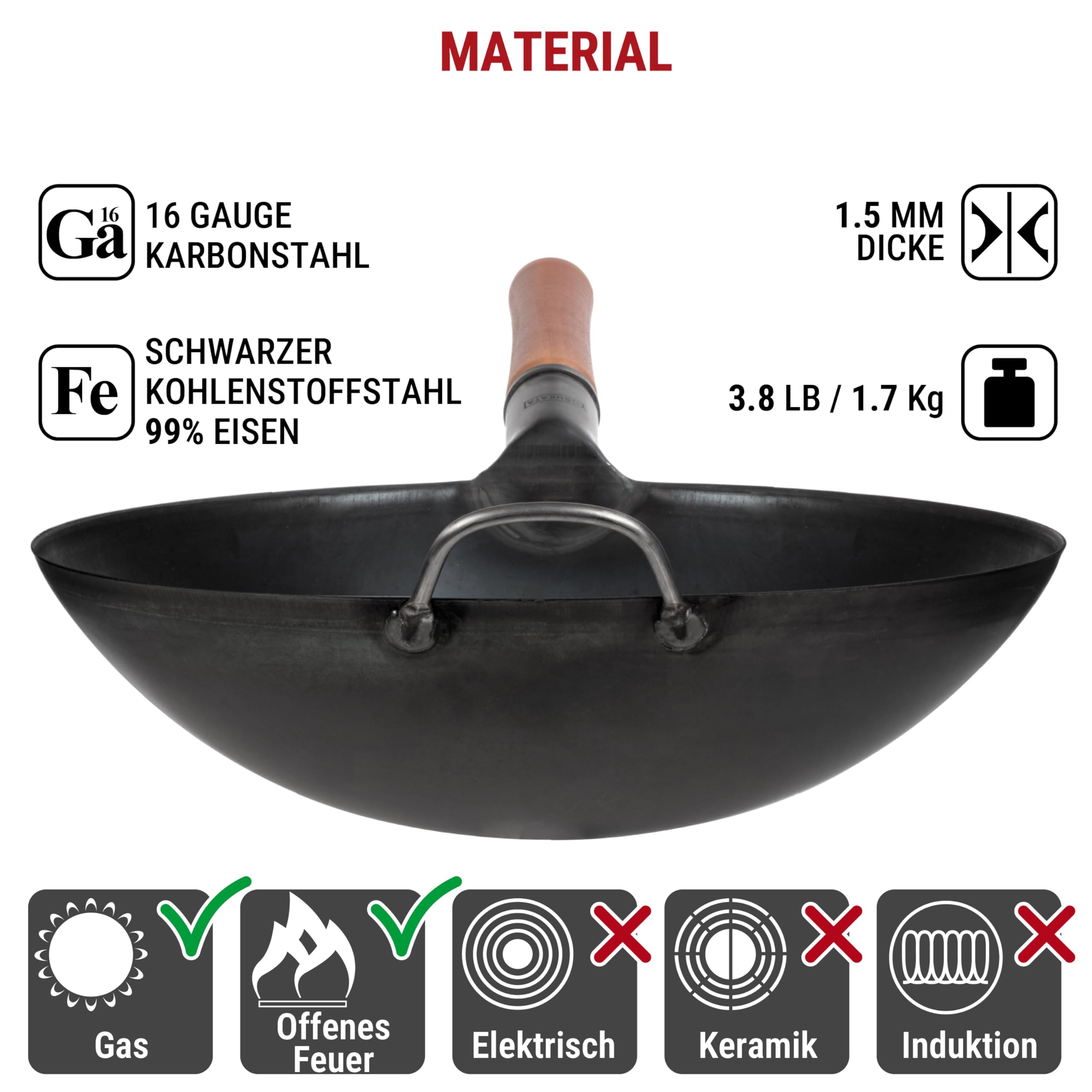 YOSUKATA Karbonstahl Woks & Wokpfannen - 36 cm Voreingebrannter Wok Pfanne Carbonstahl Runder Boden - Traditionell Wok Für Gasherd - Kompatibel mit Gas, Grill, Feuer, Gasgrill - Asiapfanne
