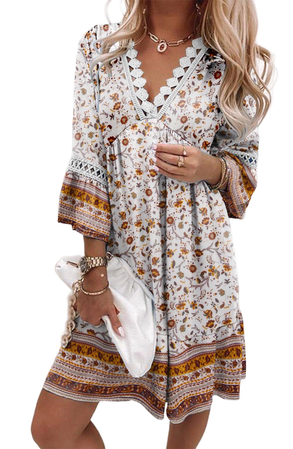 YUTILA Robe de plage bohème pour femme - Col en V - Manches 3/4 - Motif floral - Mini robe tunique vintage - Style ethnique - Robe d'été - 100 % viscose