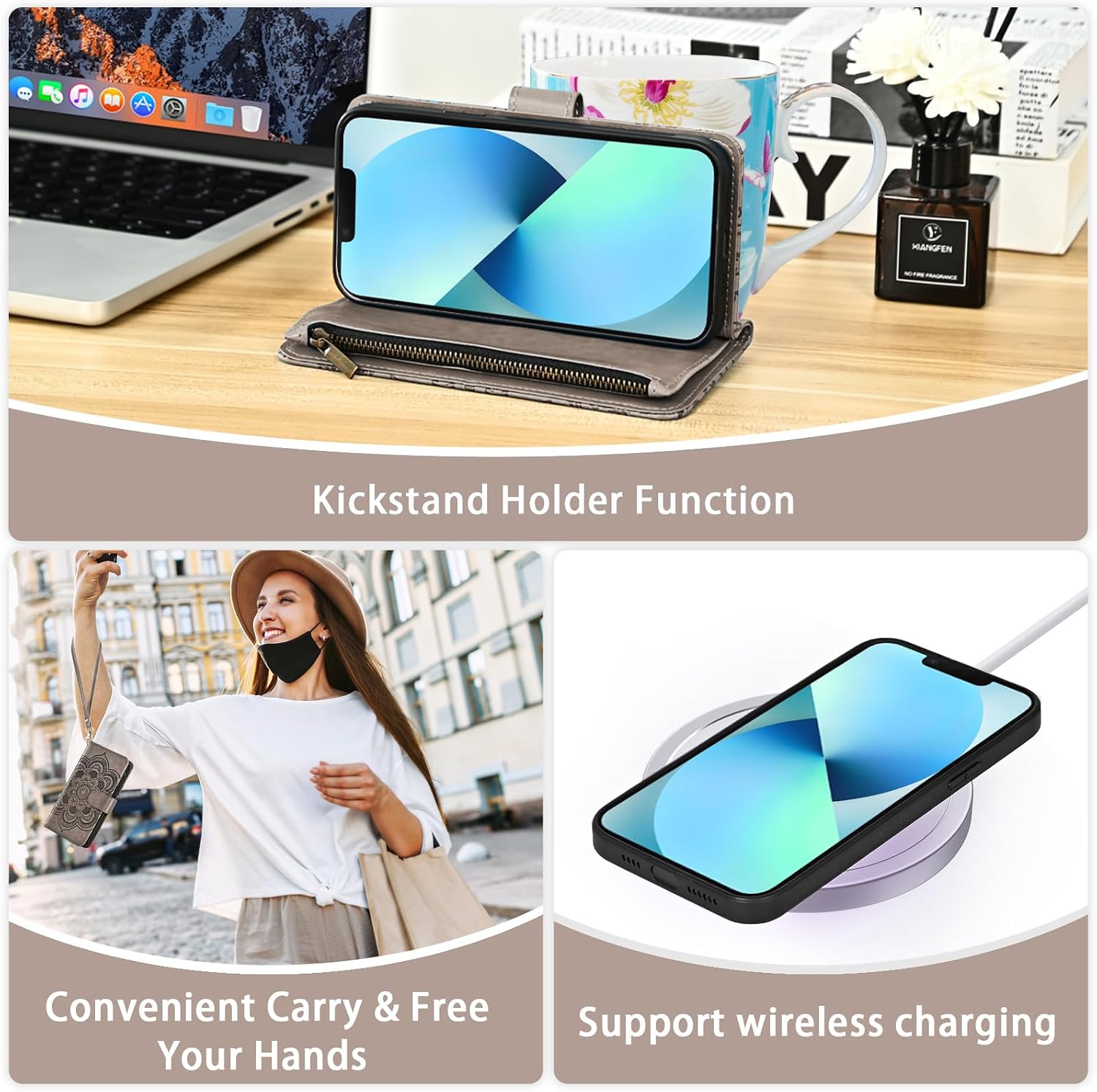 Asuwish Phone Case for iPhone 13 6.1 inch Zipper Wallet Detachable Cell Cover with Tempered Glass Screen Protector Crossbody Strap Flower Card Holder iPhone13 5G i i-Phone i13 iPhone13case Women Gray