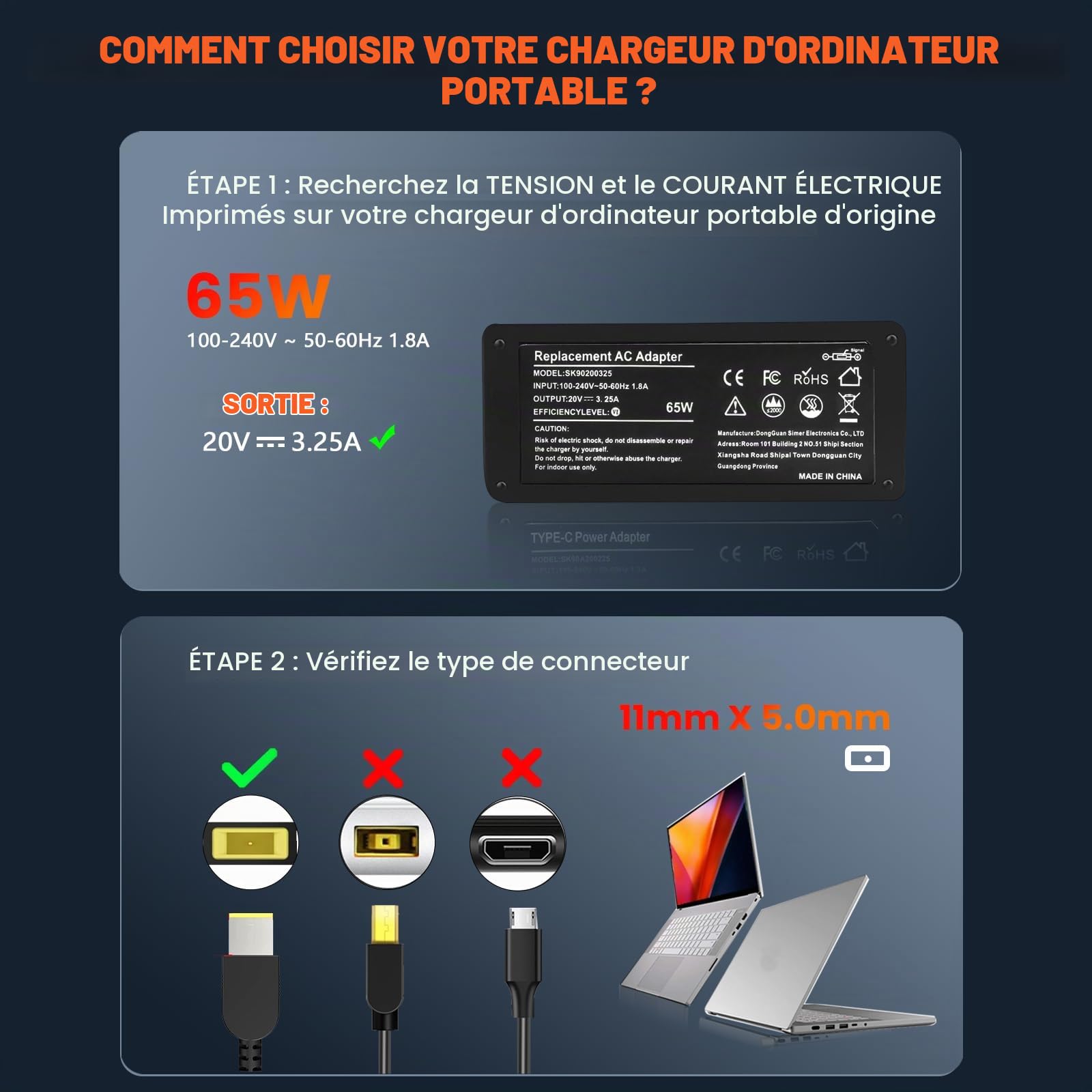 65W USB Chargeur pour Lenovo ThinkPad T470 T470s T550 T440 T440s T450 T450s | Lenovo ThinkPad T460 T460s X250 X270 Yoga 2 11 11S IdeaPad Flex 2 3 ADLX45NLC3A ADLX45NCC3A Ordinateur portable Câble d'alime