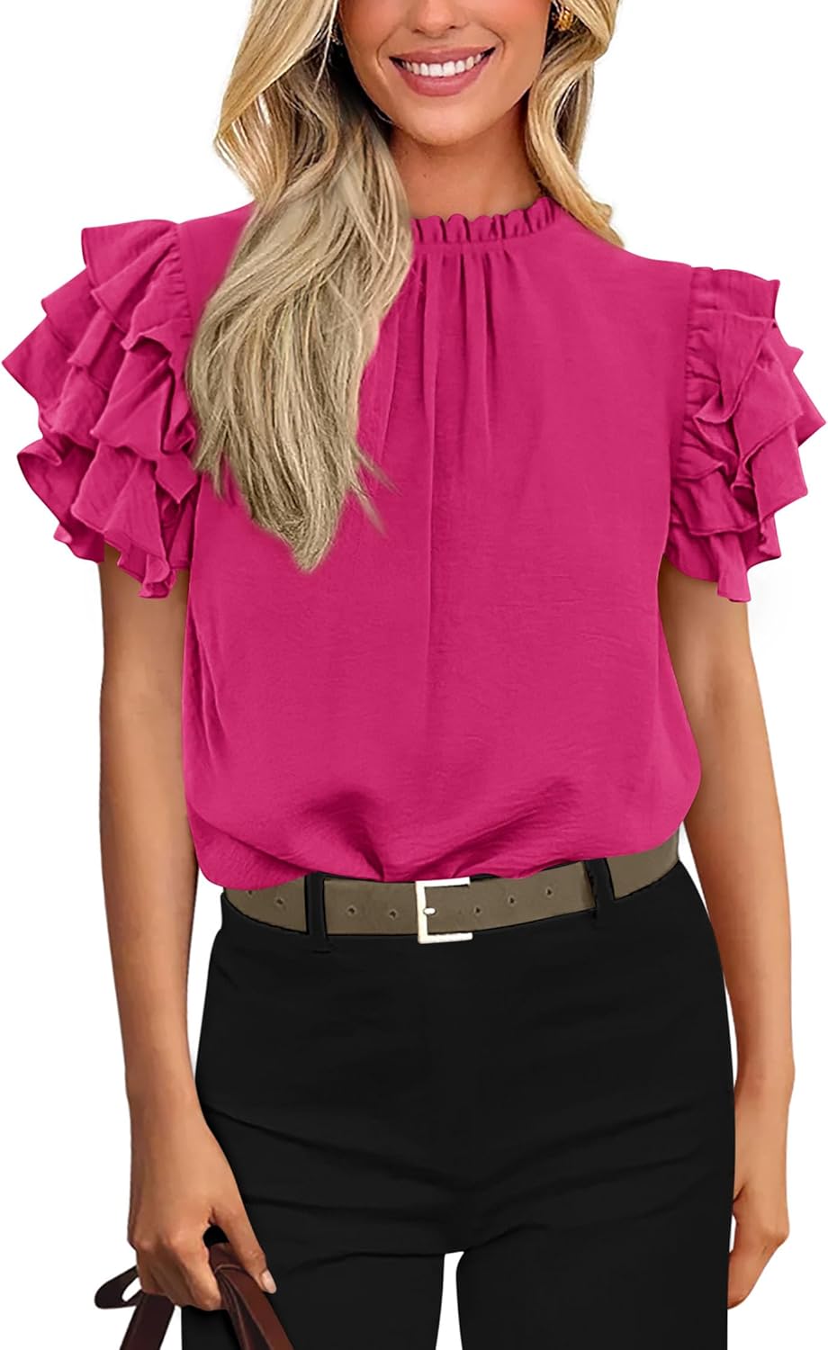KIRUNDO Blouses for Women Dressy Casual 2026 Spring Summer Ruffle Short Sleeve Mock Neck Work Shirts Tops Fashion Clothing