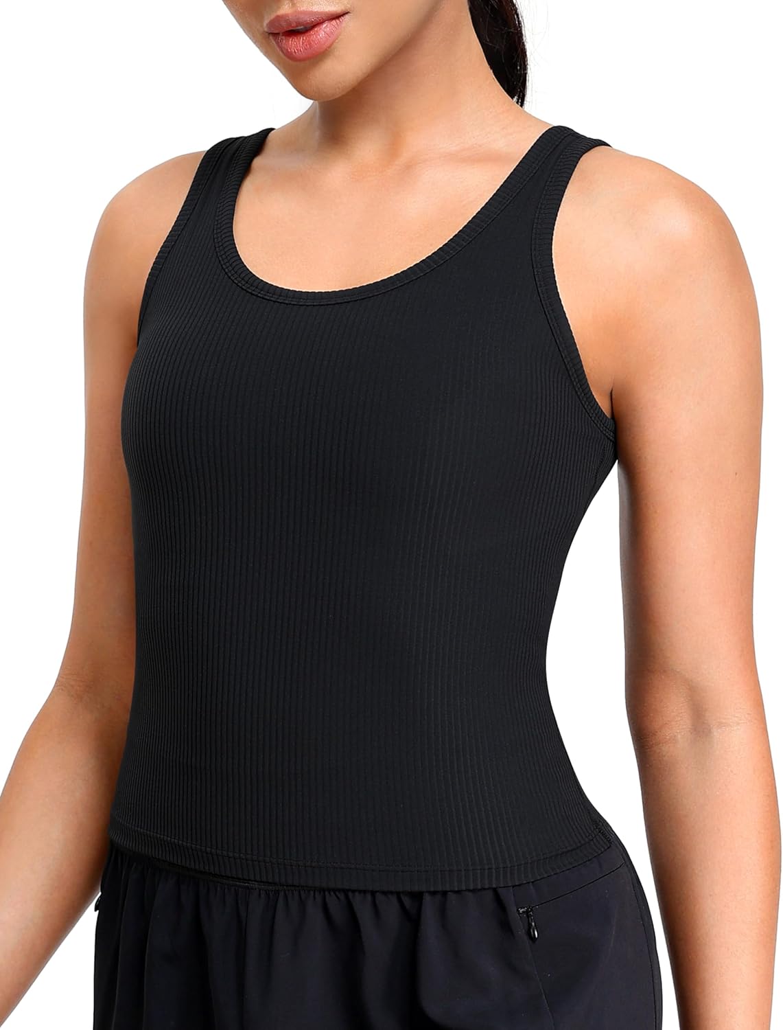 YUNOGA Ribbed Workout Tank Tops for Women - U Back Athletic Spandex Yoga Shirts with Built in Bra