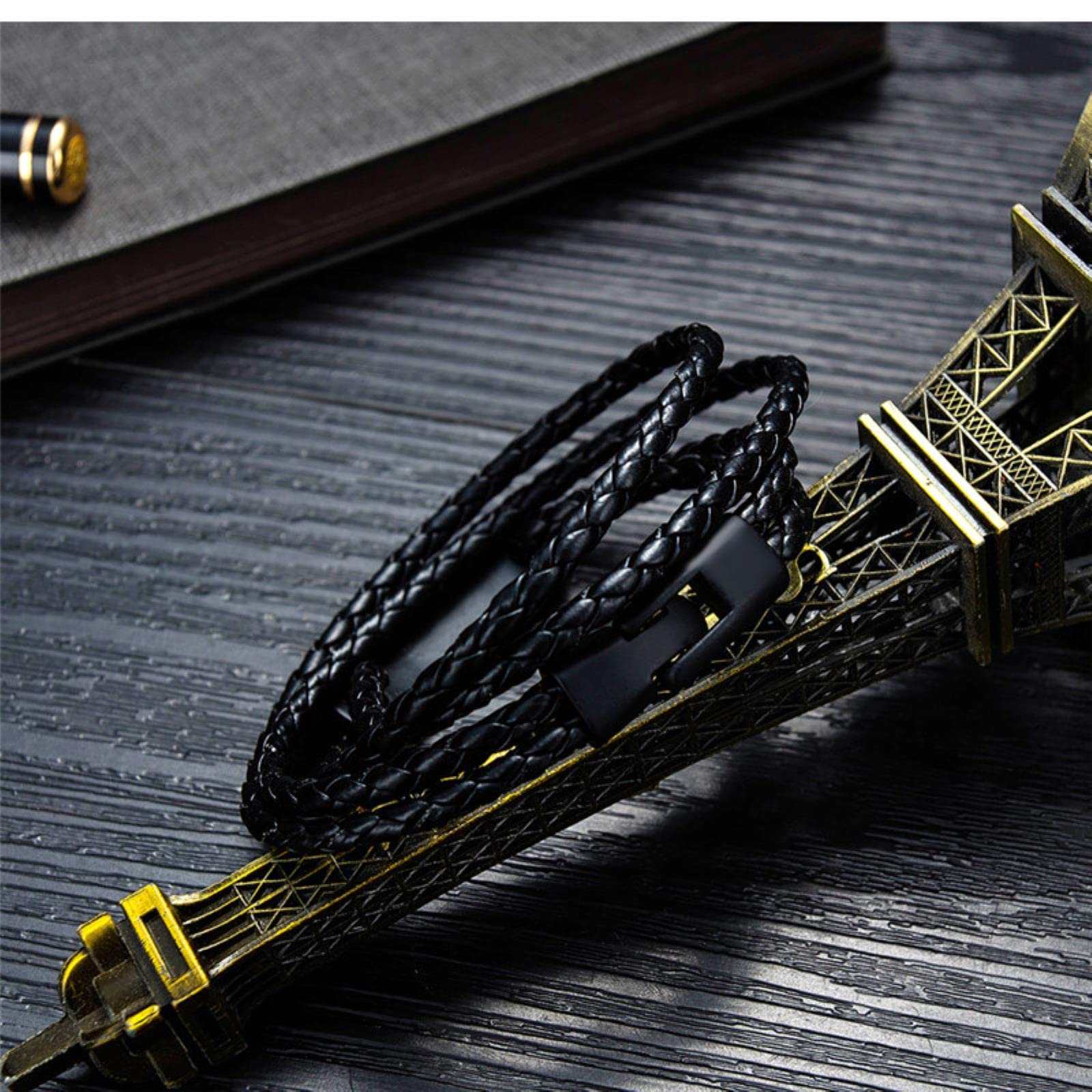 LYGXWJFC Pulsera sofisticada Pulsera de Cuero Negro Pulsera de Cadena de Cuerda Trenzada Multicapa de Cuero Pulsera Vintage para Hombre