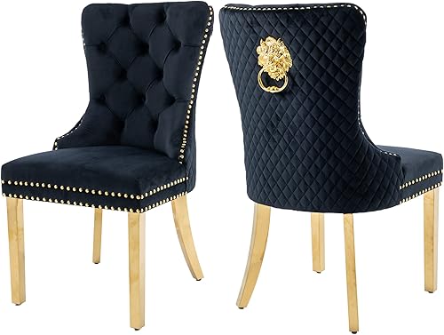 KCC Juego de 2 sillas de comedor tapizadas de terciopelo, modernas sillas capitoné con botones con anillo de cabeza de león y patas de acero