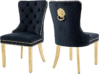 KCC Velvet Upholstered Dining Chairs Set of 2, Modern Button Tufted Chairs with Lion Head Pull Ring and Stainless Steel Legs for Living Room Kitchen, Black
