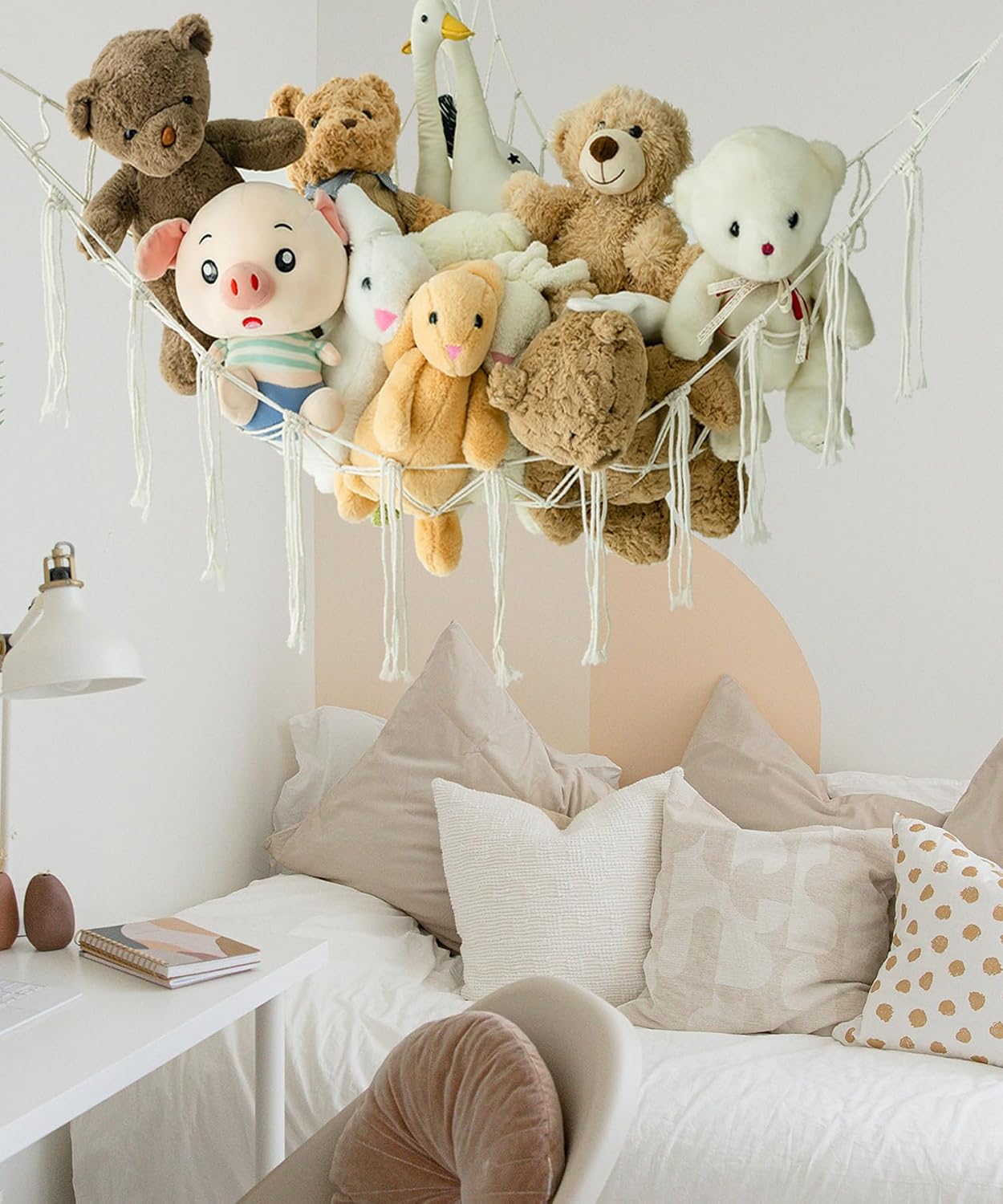 Stuffed Animal Storage Corner Hammock or Net,Toy Storage Hammock for Stuff Animals,Plushie Net for Nursery Bedroom Wall,Stuffed Animal Organizer Holder for Plush,Cute Boho Room Decor(Beige)