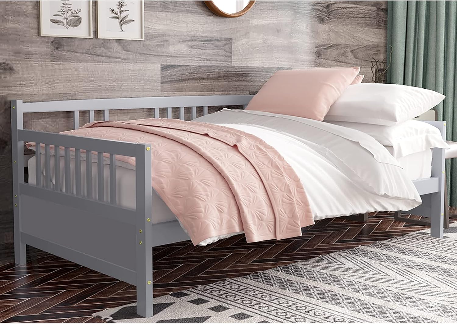 Giantex Twin Daybed Frame, Wooden Sofa Bed Guest Bed with Rails & Wood Slat Support, Dual-use Twin Size Platform Bed Frame for Living Room Bedroom, No Box Spring Needed (Twin,Grey)