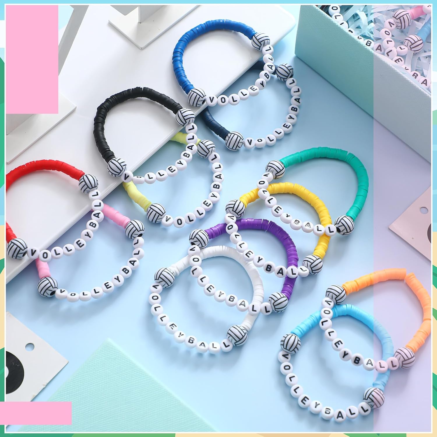 Trnay 24 Pcs Volleyball Bracelets Valentines Day Gifts Sport Party Favors Charm Volleyball Bracelet Stackable Clay Beaded Bracelets for Senior Night Gifts Team Party Decor - Image 3