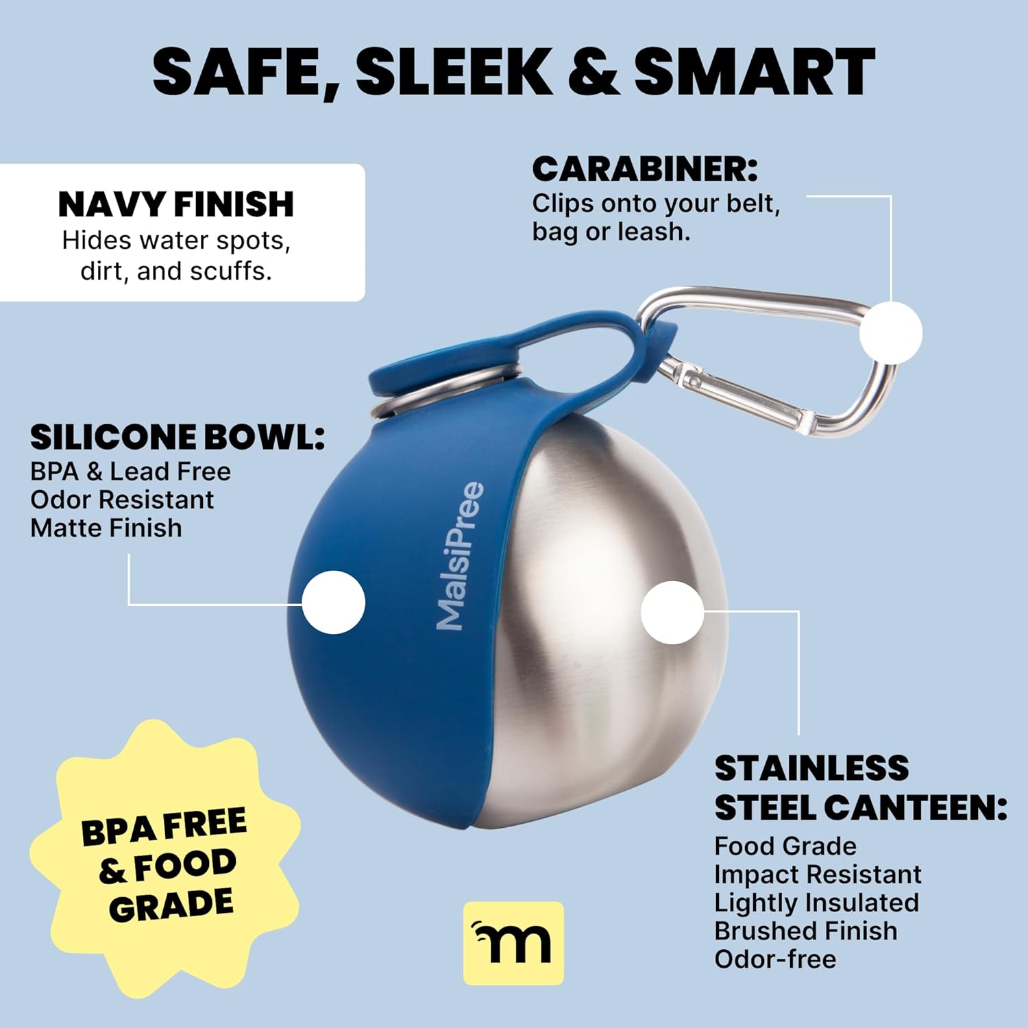 MalsiPree 2-in-1 Portable Dog Water Bottle and Travel Bowl for Small Dogs - Stainless Steel Dog Water Jug for Walking, Hiking, and Car Trips - Leak-Proof Dog Water Bottle Portable - 10oz Navy - Image 3