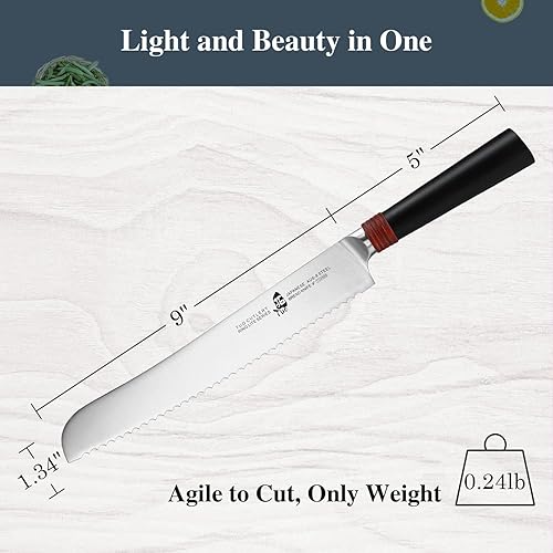 Vista 5 de TUO Cuchillo de cocina de 9 pulgadas, cortador de pan dentado, afilado, profesional, hecho en casa, pizza, cuchillo para rebanar pasteles, acero