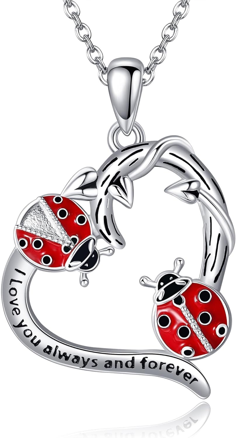 Ladybug Necklace 925 Sterling Silver Ladybird Pendant Necklace Lady Bug Jewelry for Women Mom