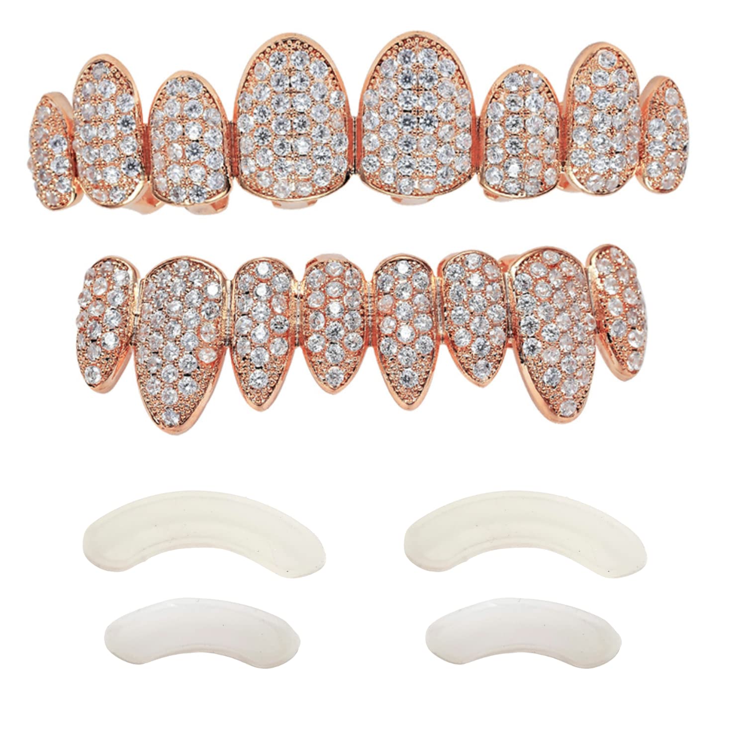 Gold Grillz Iced Out CZ Diamond Top & Bottom Set Grill 24 K placcato oro macro pavé denti griglie – barre di stampaggio extra incluse + custodia + panno in microfibra