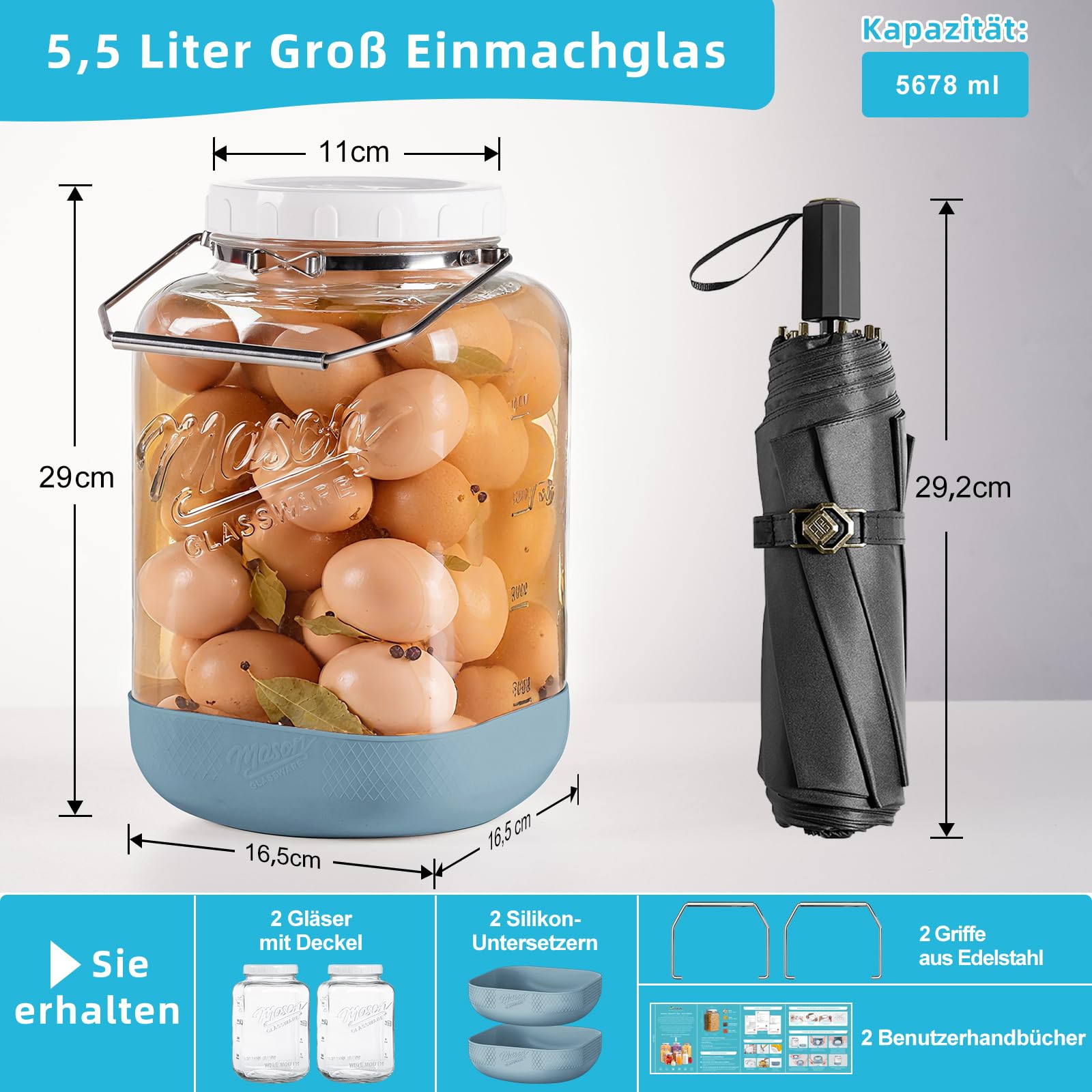 Absovetu Vorratsgläser mit Schraubdeckel, 5,5 L, 2 Stück Einmachgläser Groß | Einmachglas 5l, Einmachgläser mit Deckel Luftdicht, Fermentiergläser, Für Kimchi Kombucha Mehl Spaghetti Süßigkeiten Keksdose