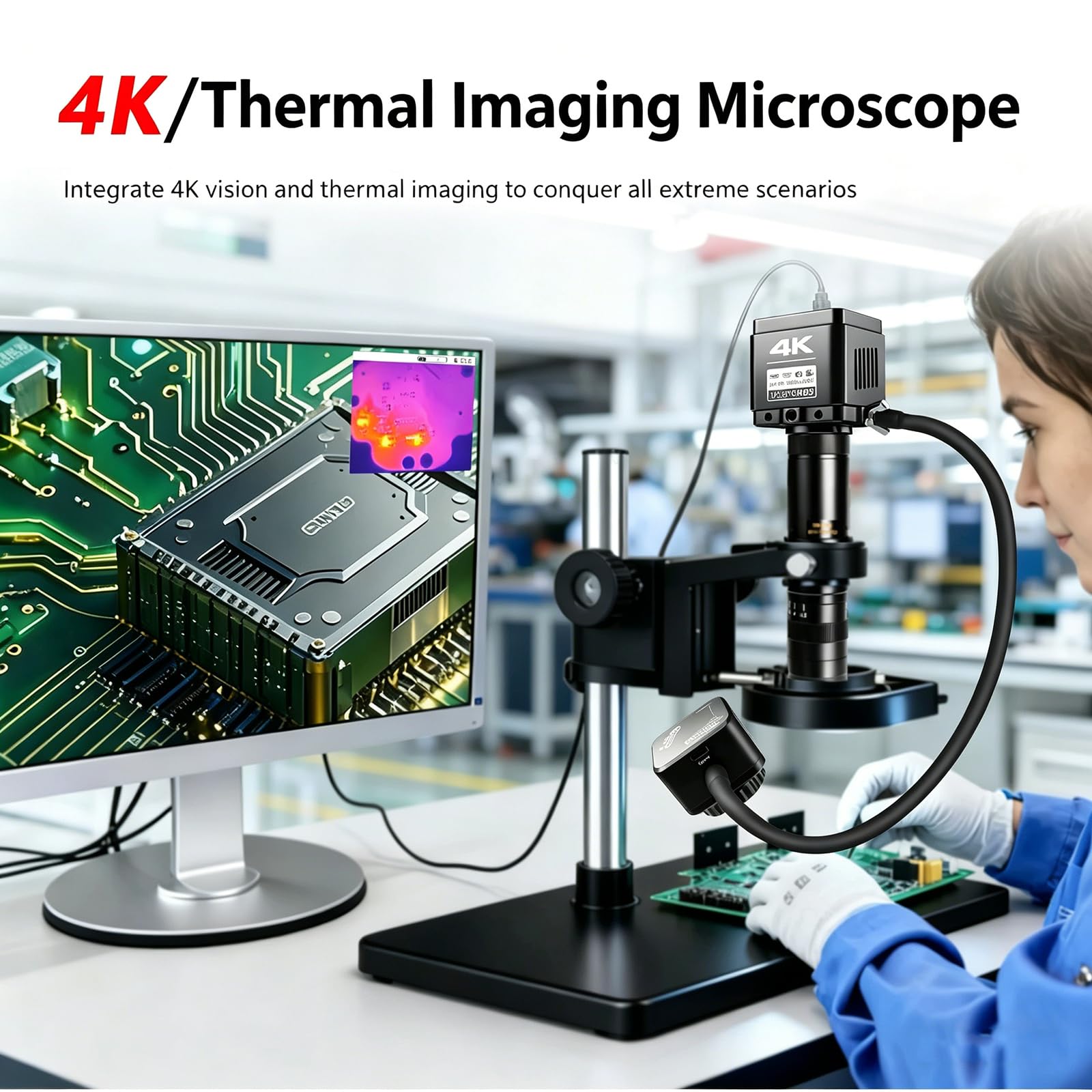 Microscopio digitale con HDMI 4K, lente d'ingrandimento 180x, immagini termiche, telecomando, acquisizione foto/video per riparazione elettronica e saldatura
