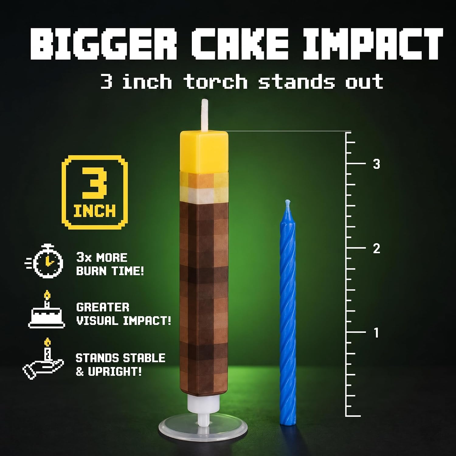 Large Birthday Candles 8pcs, Pixel Torch Cake Toppers, Gamer Party Decor
