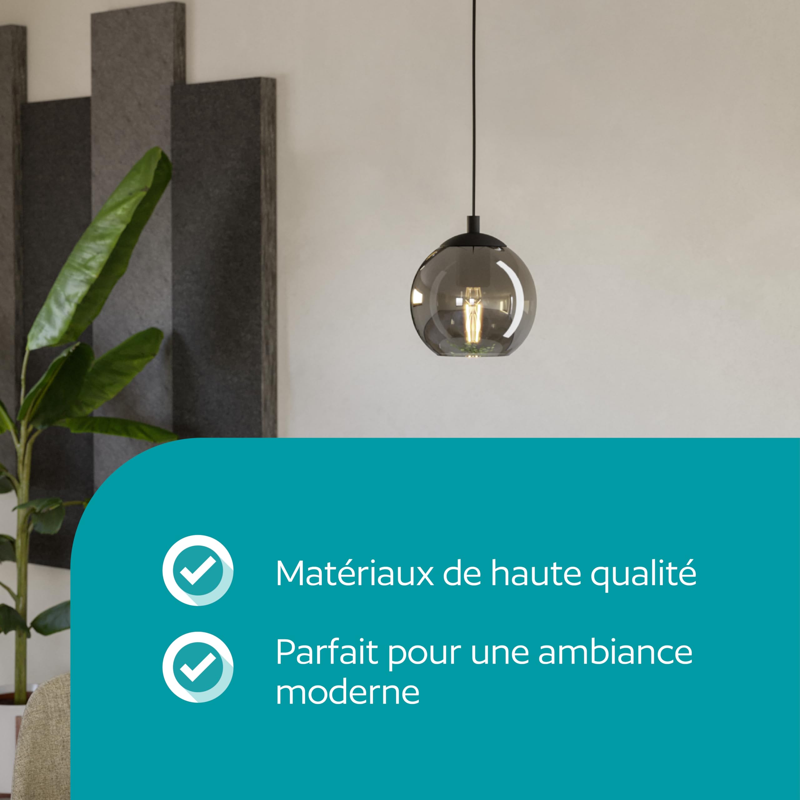 Eglo Suspension luminaire Ariscani, lampe de plafond suspendue, lustre | salon ou salle à manger en métal noir et verre fumé noir transparent, douille E27, Ø 20 cm