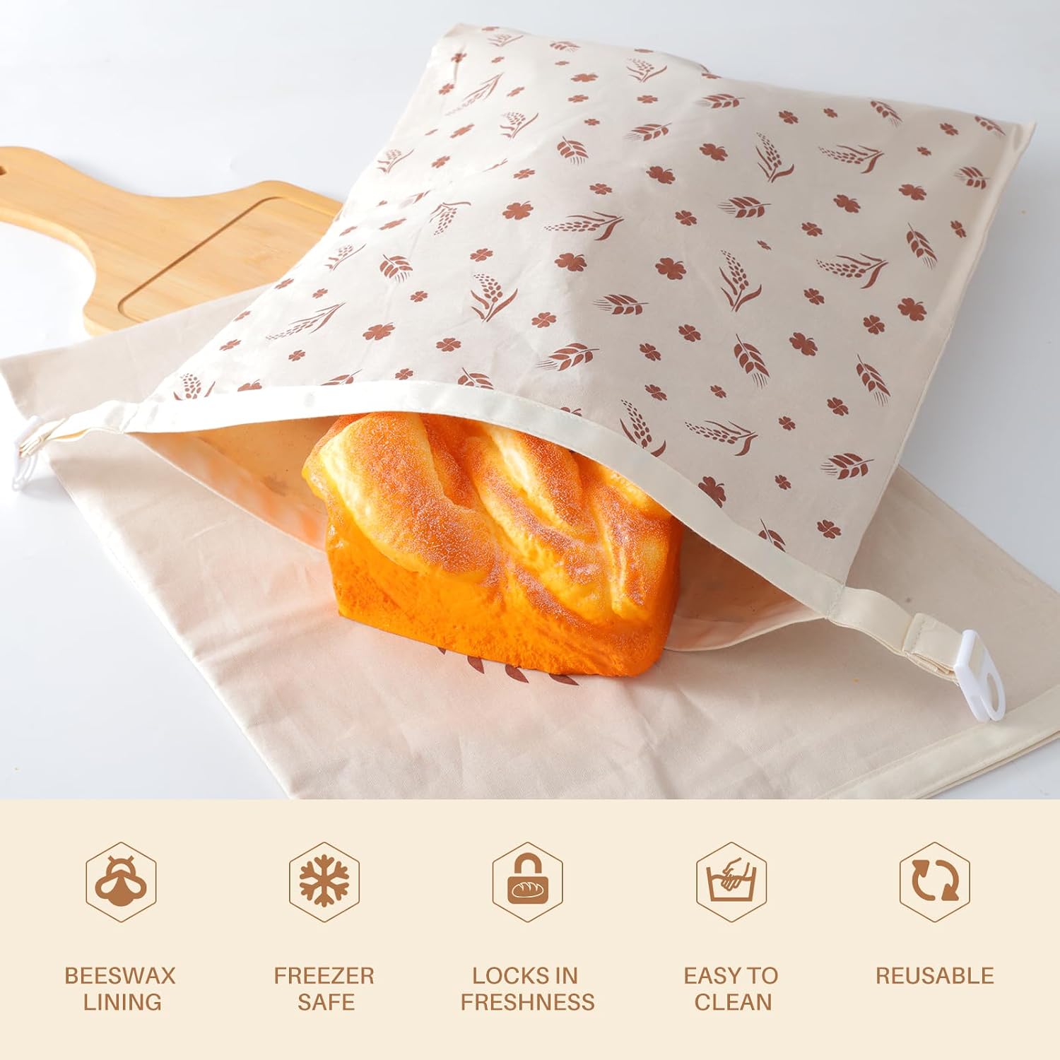 2 Pack Bread Bags for Homemade Bread, Cotton Beeswax Bags for Bread, Reusable Sourdough Bread Bags Beeswax Bread Bag, Bread Storage with Lining, XL Bread Storage Bags