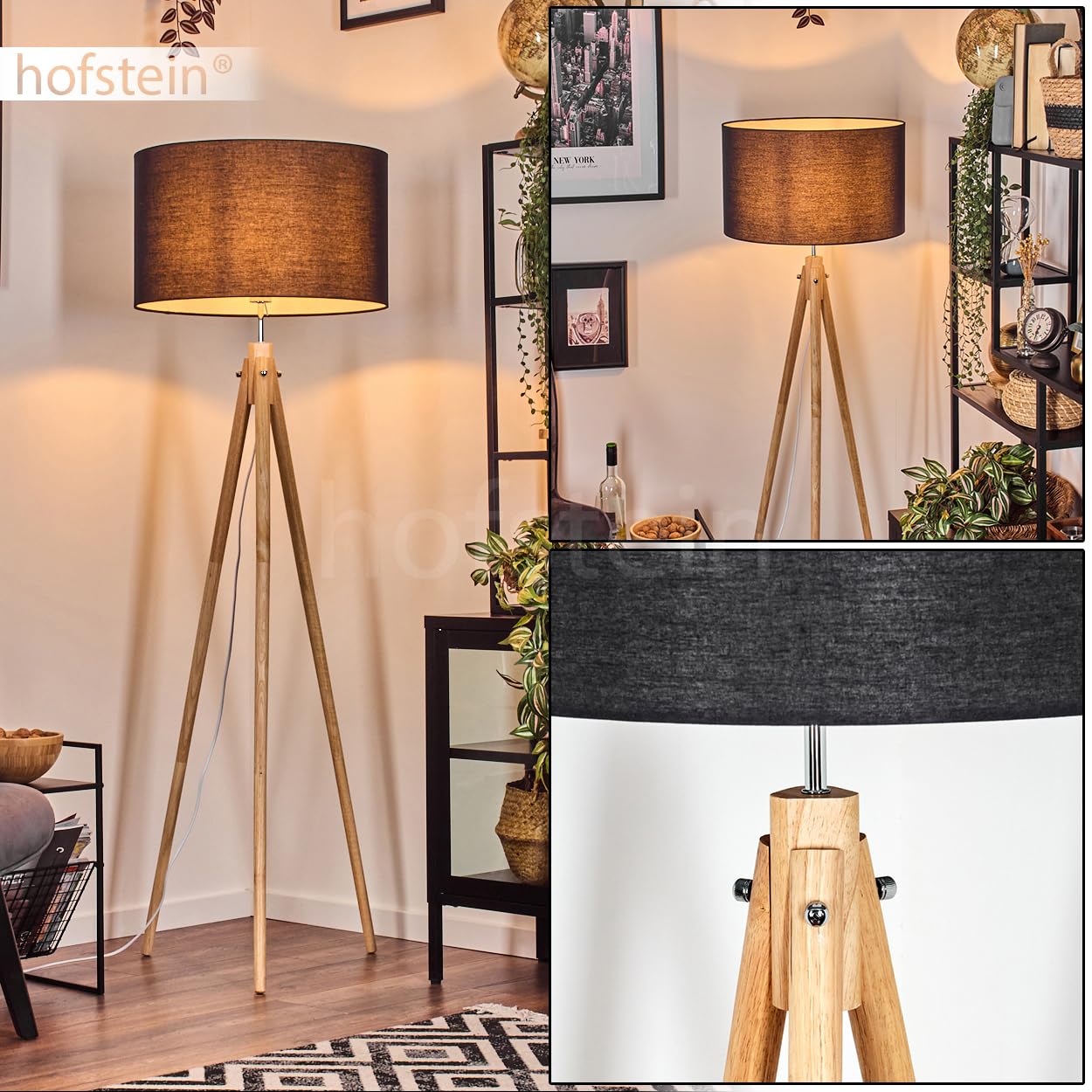 Stehleuchte Flemming, Stehlampe aus Holz/Stoff in Naturfarben/Schwarz/Weiß, Leuchte im skandinavischen Design mit rundem Schirm (Ø 50 cm) u. Fußschalter, Höhe 162 cm, 1 x E27, ohne Leuchtmittel