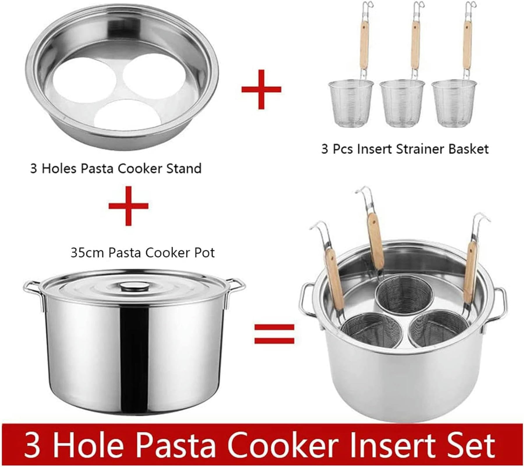 Pentola per Pasta, 3/4/5 Fori, con cestello scolapasta, pentola con Coperchio, Set per cuoci Pasta per Cucina Domestica e Ristorante (3 Fori)