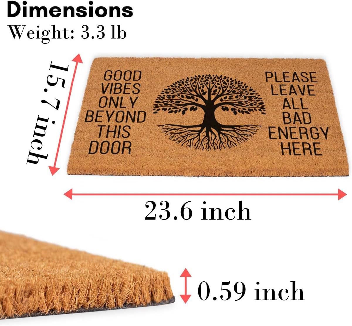 Funny Coir Doormat 23.6 x 15.7 inch Personalized House Warming Gift Mat for Outside Entrance Front Porch Patio Door Non-Slip Decor (Tree of Life Good Vibes Only Beyond This Door)