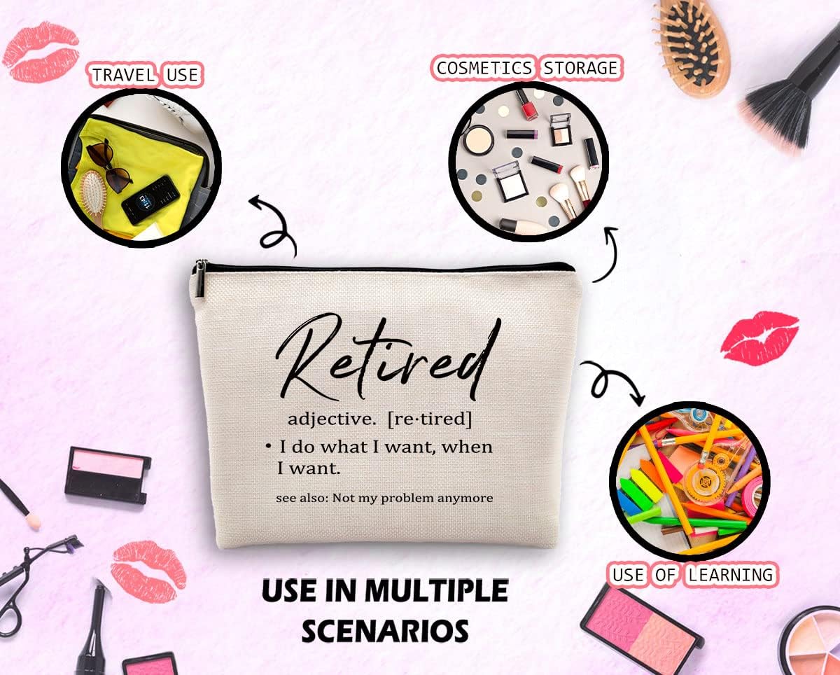 Funny Retired Definition Makeup Cosmetic Bag, Funny Retired Linen Makeup Travel Toiletry Bag, Retirement Cosmetic Bag Gifts for Women Coworker Employee Boss Teacher Nurse Mom Aunt Grandma image 3