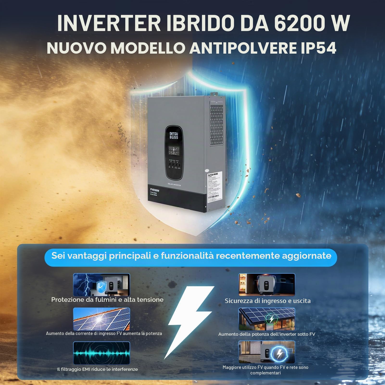 DATOUBOSS Inverter Ibrido Solare 6200W 48V, MPPT 120A, Onda Sinusoidale Pura, Entrée PV 8500W, Senza Batteria, per Impianto Fotovoltaico Casa, Camper, Backup Energia