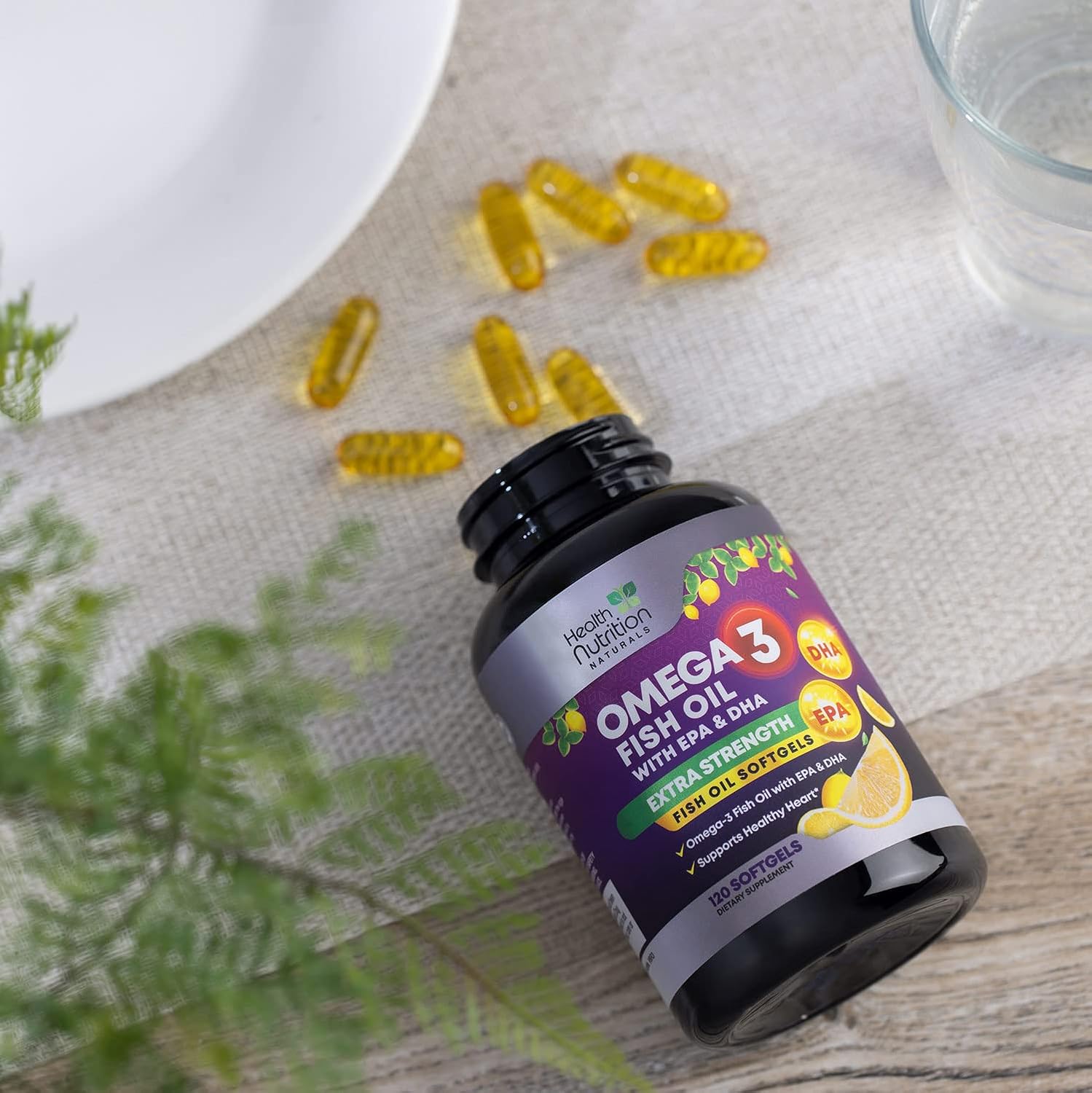 Health Nutrition Naturals Omega-3 Fish Oil Supplement, Triple Strength 2400mg High EPA 864mg and DHA 288mg for Natural Heart Support and Brain Support, Wild Caught Non-GMO, Lemon Flavor - 120 Count : Health & Household