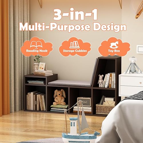 Miniatura 3 de Estantería infantil con rincón de lectura, estantería para niños de 5 compartimentos con cojín de asiento, organizador de almacenamiento de juguetes