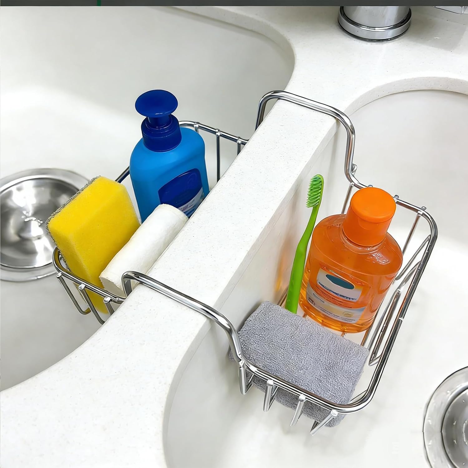 Sink Sponge Holder, Hanging Sink Caddy Kitchen Sink Organizer, Stainless Steel Double Side Sink Saddle, Dish Brush Holder Dishwashing Liquid Drainer Rack for Brushes, Sponges, Soap, Utensils