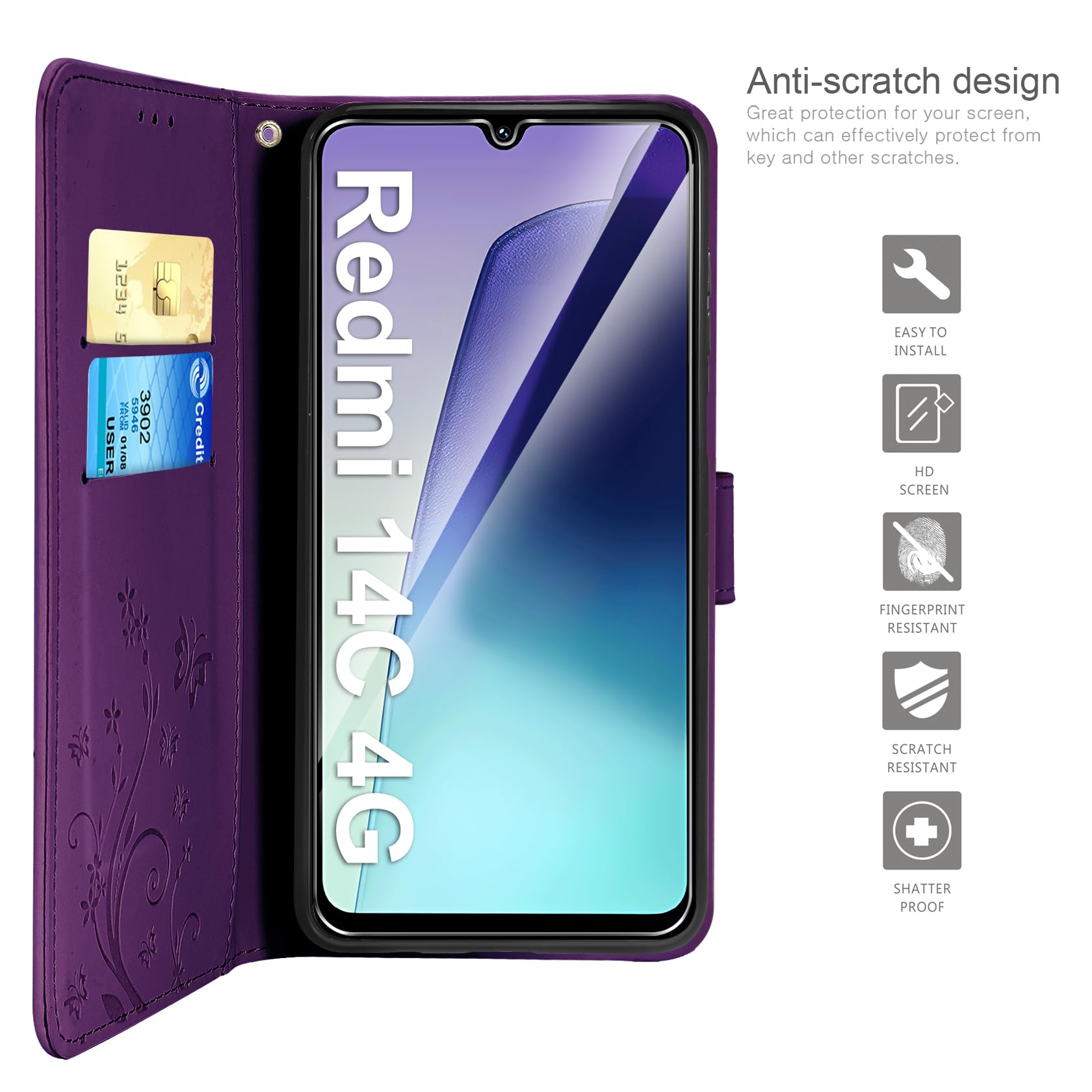 Handyhülle Für Xiaomi Redmi 14C / Poco C75 / Redmi A4 5G – PU Leder Flip Case Mit Standfunktion, Kartenfach & Schutzfolie