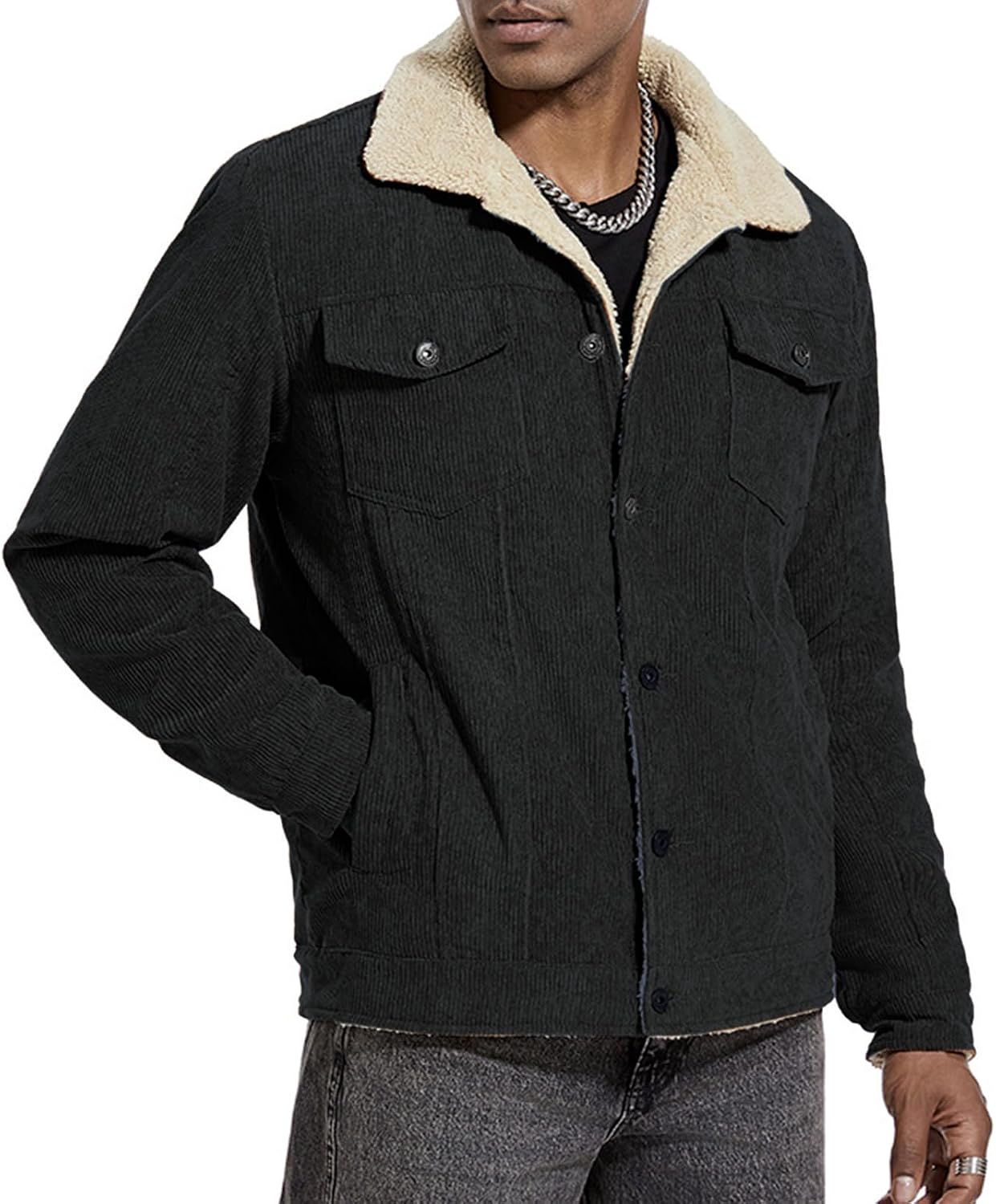 Men's Vintage Corduroy Jacket Sherpa Fleece Lined Trucker Jacket Casual Fashion Winter Warm Thicken Coats with Pockets