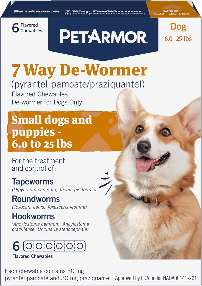 Desparasitante de 7 vías para perros, tratamiento oral para tenia, lombrices intestinales y anquilostomas, desparasitante para perros pequeños (6-25 libras) con prazicuantel y pamoato de pirantel, 6 masticables con sabor | Ideal para perros pequeños de 6 a 25 libras; Amplio espectro: 2 tenias, 2 lombrices intestinales y 3 anquilostomas; 6 cuentas; Tabletas masticables
