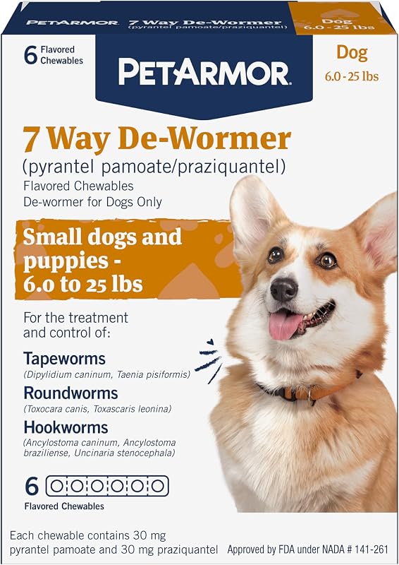 Desparasitante de 7 vías para perros, tratamiento oral para tenia, lombrices intestinales y anquilostomas, desparasitante para perros pequeños (6-25 libras) con prazicuantel y pamoato de pirantel, 6 masticables con sabor | Ideal para perros pequeños de 6 a 25 libras; Amplio espectro: 2 tenias, 2 lombrices intestinales y 3 anquilostomas; 6 cuentas; Tabletas masticables