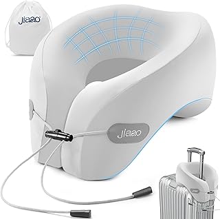 jiaao Travel Pillow Memory Foam Neck Support, Comfortable Airplane Neck Pillow with Adjustable Drawstring for Planes, Cars, Trains, and Long Journeys