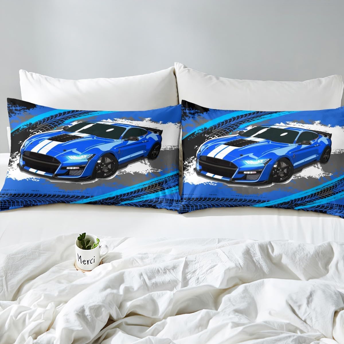 Blue Sports Car Duvet Cover for Kids Boys Men,Graffiti Race Car Bedding Set Queen,Grunge Car Track Bed SetsLightweight Soft,Hippie Racing Car Quilt Cover with 2 Pillowcases Bedroom Home Decor