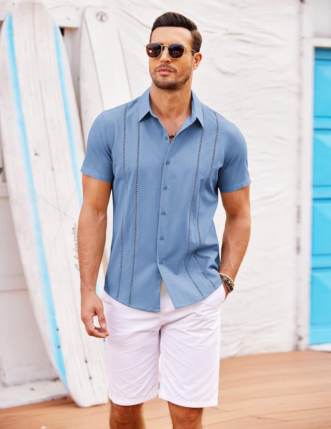 COOFANDY Men's Cuban Guayabera Shirt Short Sleeve Button Down Shirts Casual Summer Beach Linen Shirts - Image 4