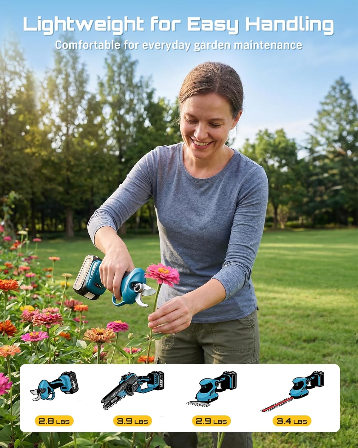 Image showing a woman using the SEESII pruning shears to trim flowers, highlighting its lightweight design.