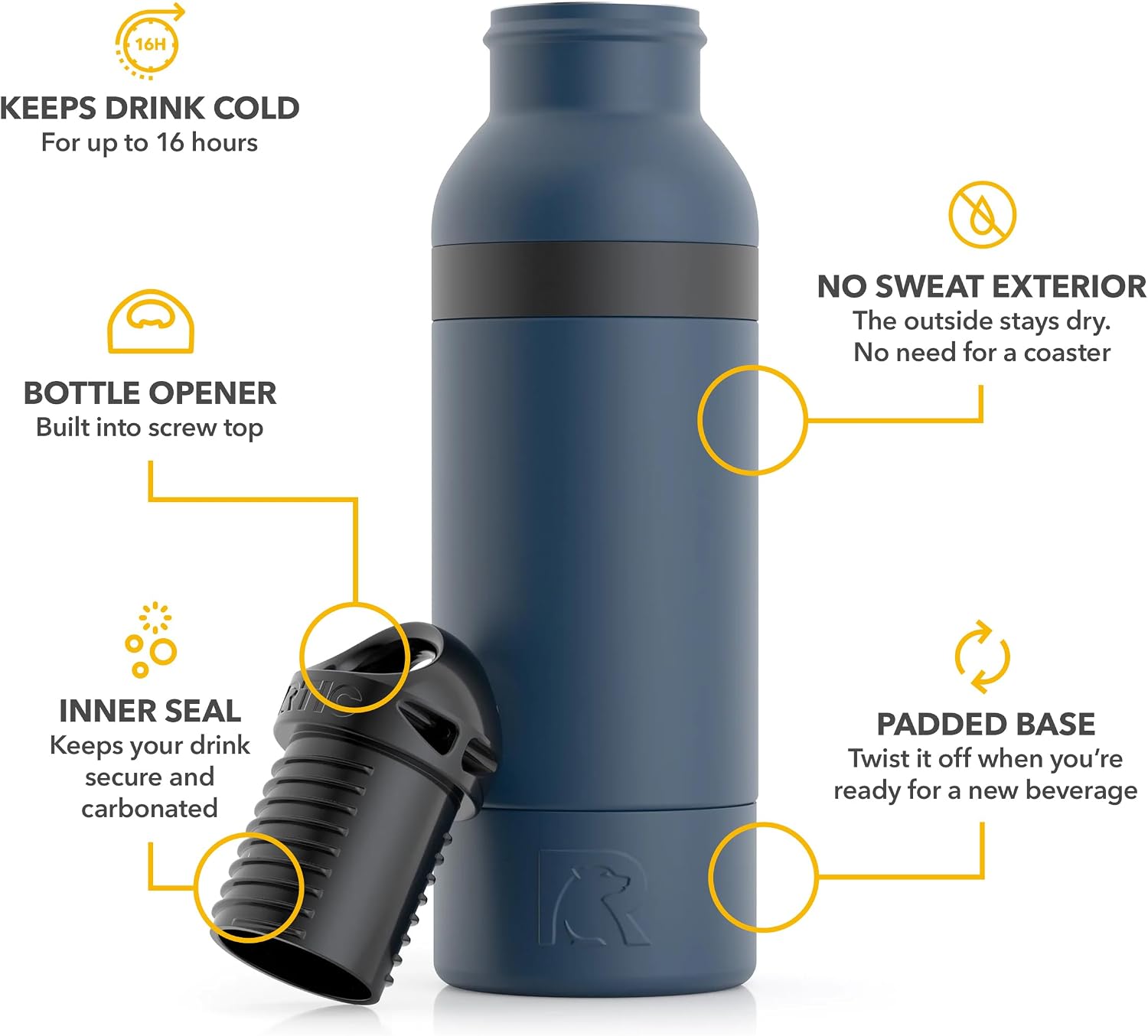 RTIC Bottle Chiller, Insulated Cooler for 12oz Glass Soda or 16oz Aluminum Bottles, Double Wall Vacuum Insulation, Stainless Steel, Sweat Proof with Bottle Opener, Navy