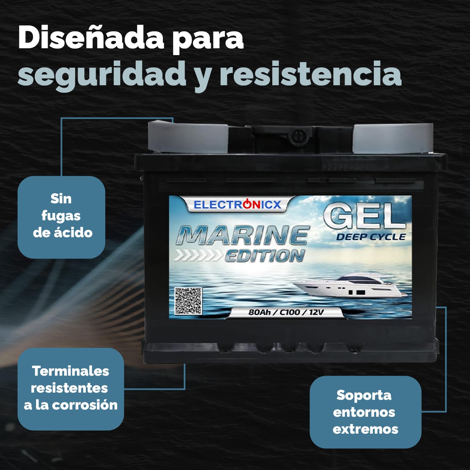 Electronicx batería de Suministro 12V 80Ah Gel, 80 AH sin Mantenimiento y sellada. Resistente a ciclos para Solar, Barco, Autocaravana, Carretilla elevadora. Medidas 242×175×190mm.