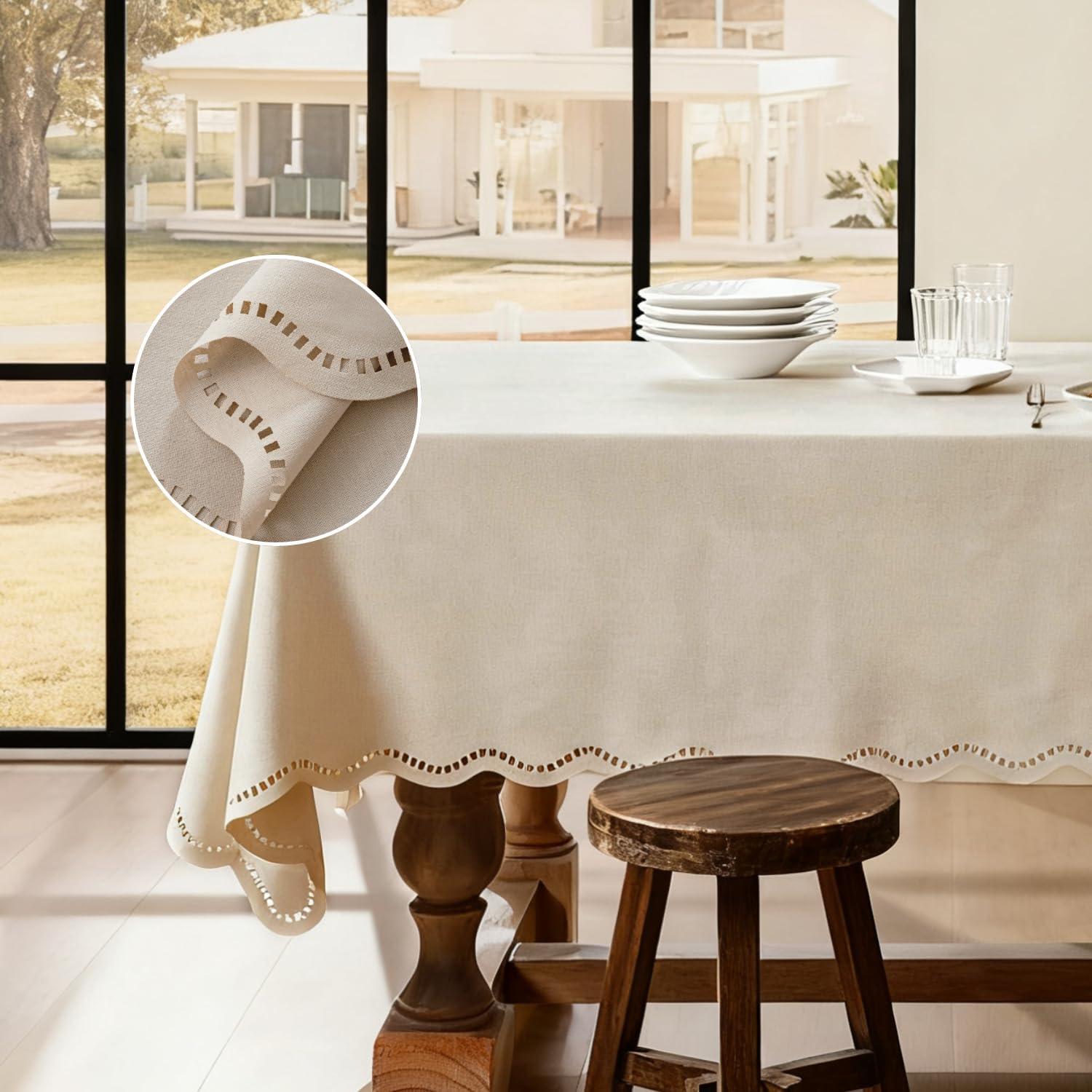 Outdoor Rectangle Tablecloth Linen Textured Waterproof & Stain Resistant Table Cloth Boho Spring Decorative Scalloped Cutouts Farmhouse Table Cover for Dining, Party, Camping, 55 x 84 Inch, Beige Beige 84" x 55" (Rectangular)
