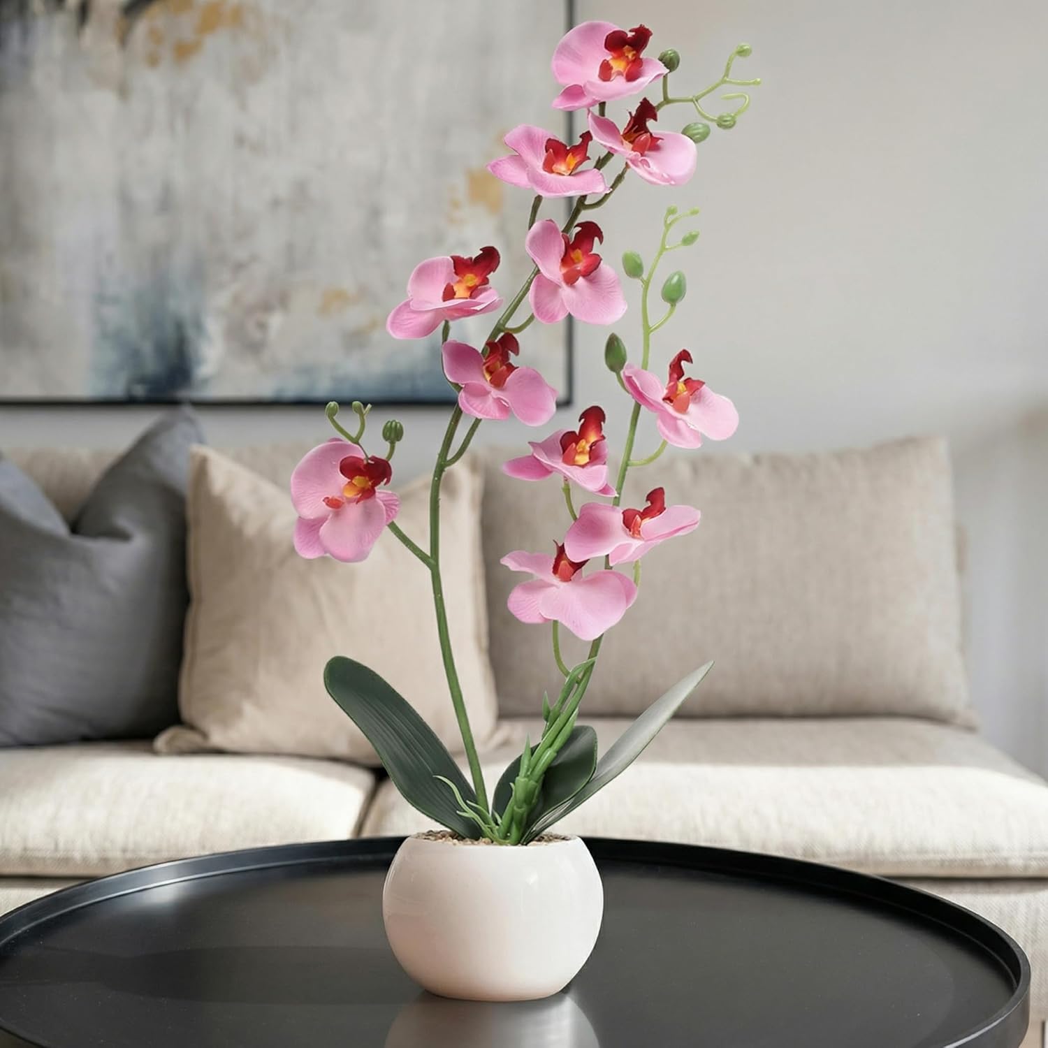 Decor & More Artificial Orchid Flowers with White Ceramic Pot 43 Cm| Phalaenopsis Orchids for Table Centerpiece | Realisti...
