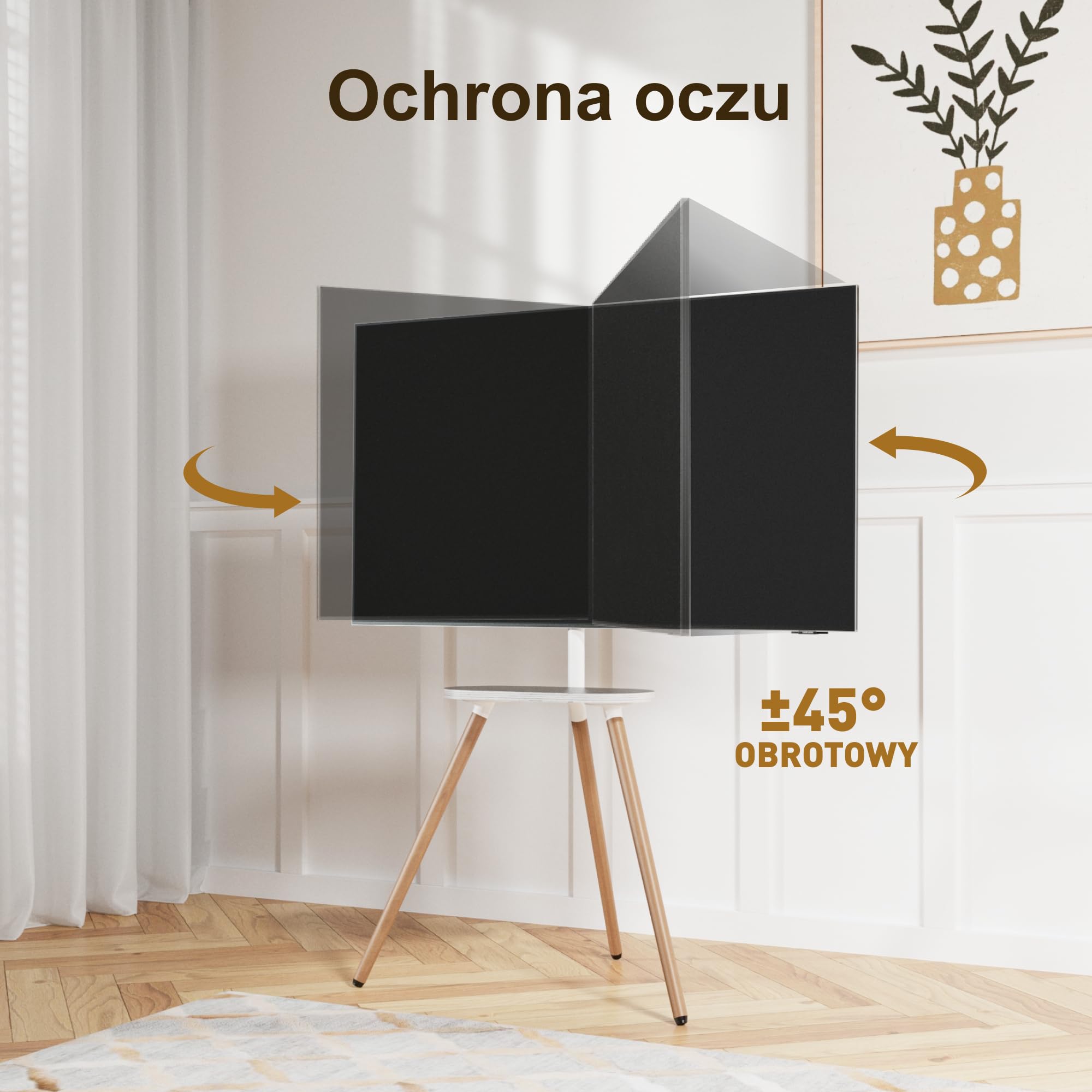 Stojak pod telewizor typu sztaluga (trójnóg) do ekranów 43–65 cali – przenośny, regulowany stojak podłogowy (narożny) z drewnianą półką, VESA 400x400 mm – minimalistyczny design, kolor Biały