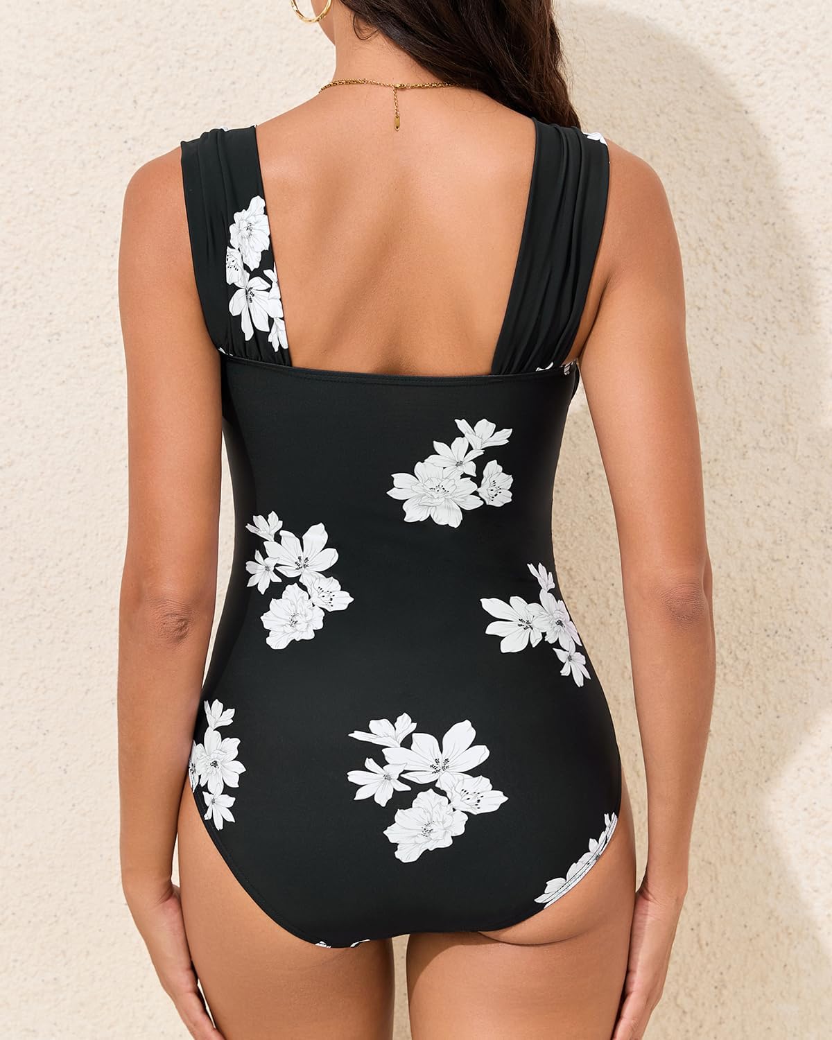 One Piece Bathing Suit for Women Tummy Control Swimsuits Square Neck Ruched Modest Swimwear