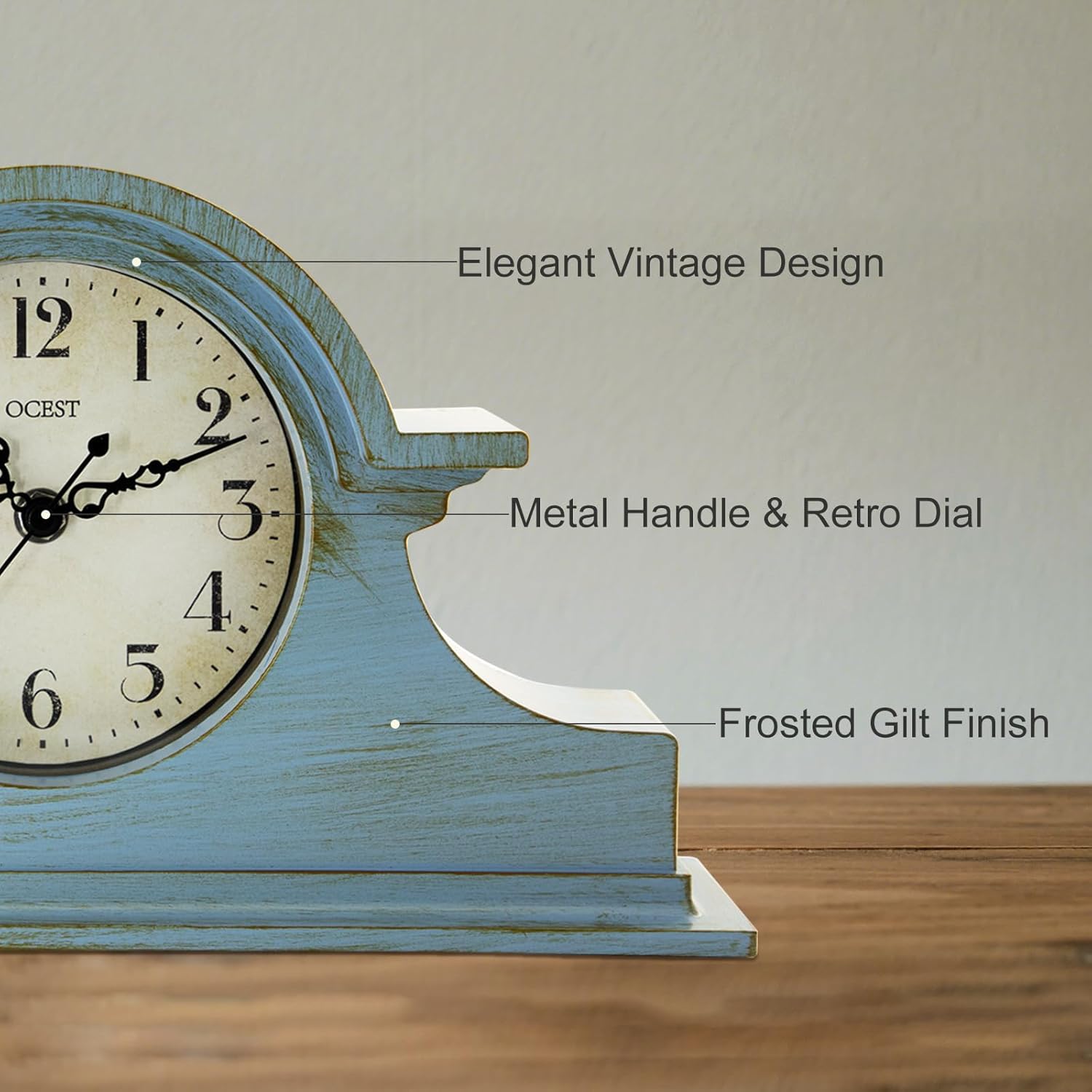 OCEST Vintage Farmhouse Mantel Clock - 13 x 7 Inch Quartz Gilt Finish Battery Operated, Plastic Napoleon Classic Desk & Shelf Décor for Living Room Office Tabletop Bedroom (Azure Blue)