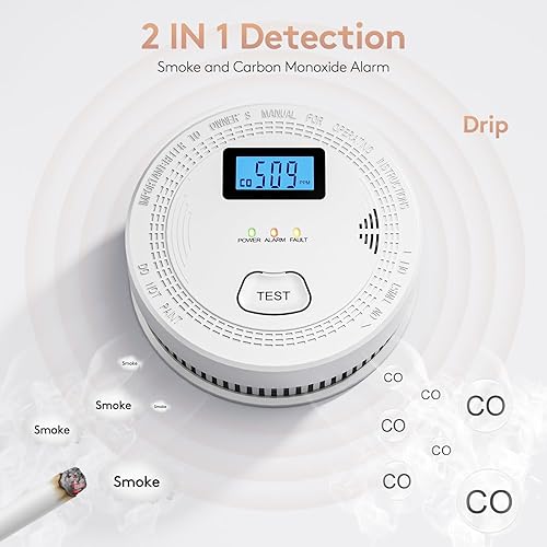 Miniatura 4 de Paquete de 5 alarmas de CO con combinación de humo, detección 2 en 1, detector de CO, detector de humo, alarma de CO alimentada por batería con LED,