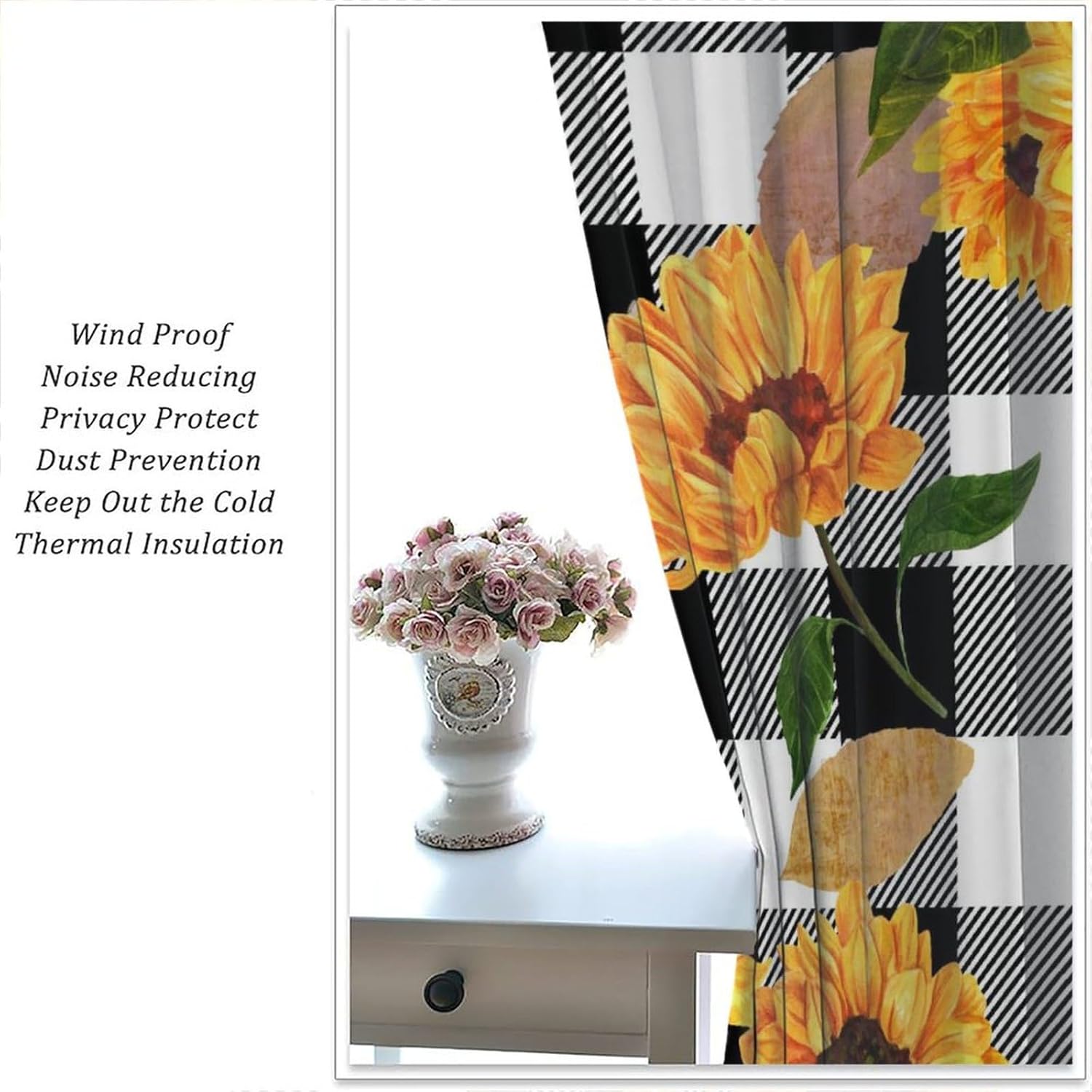 Sunflower Buffalo Plaid Check Curtains Yellow Floral Black White Stripe Garden Plants Curtain with Rod Pocket for Farmhouse Home Decor Drapes Window Treatments 2 Panels Set 42x45 Inch