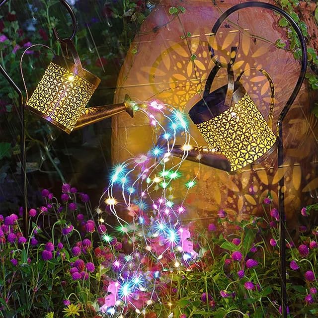 USMEI Watering Can Solar Garden Lights Outdoor Ornaments, Shower Garden Art Lights Waterproof Shiny LED, Fairy Lights with Bracket for Park Fence Lawn Patio Christmas Party Decor
