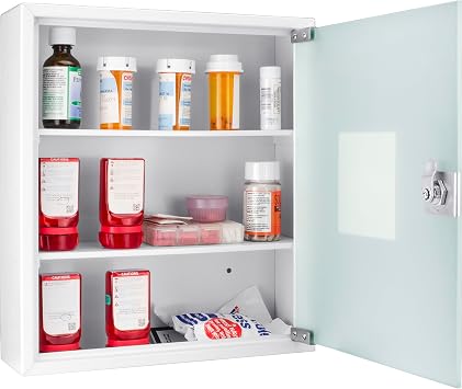 Barska Wall Mount Medical Security Cabinet with Key Lock Standard Size, Includes Magnetic Erase Pad for Medications, First Aid, or Supplies - Medicine Cabinet Organizer - Medicine Storage Glass