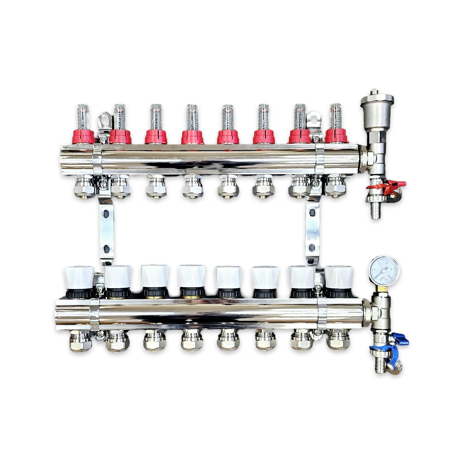 8 Port Complete Underfloor Heating Manifold with Pipe Connections, Automatic Air Vent & Pressure Gauge (Copper 15mm eurocones)
